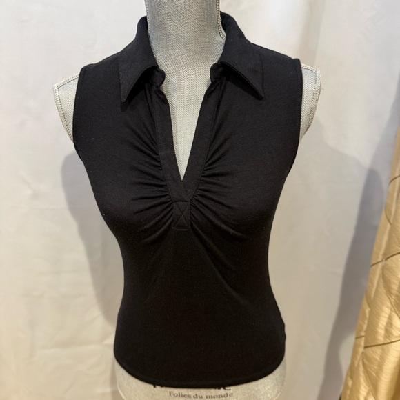 Vintage “Liquid” Black sleeveless collared top with ruched detail, Sz S - Picture 5 of 8